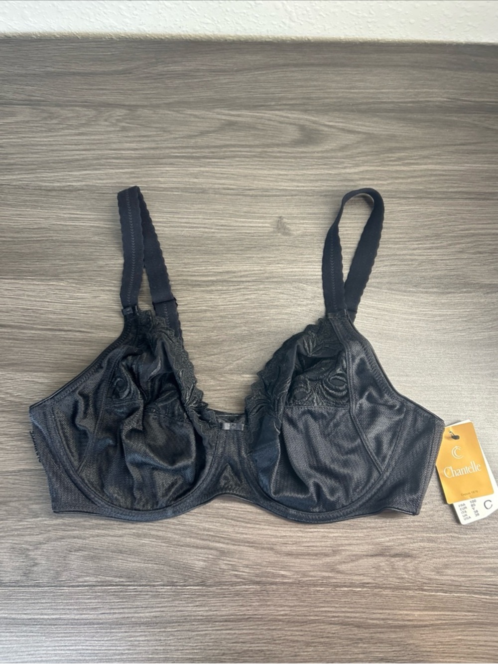 CHANTELLE 2101 Black AMAZONE Full Figure Lace Underwire Bra 38C Unlined France